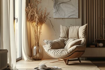 Modern Living: Cozy Beige Interior with Plush Armchair and Floral Accents