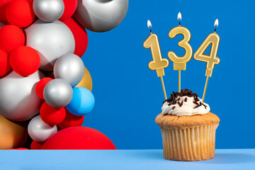 Number 134 birthday candle - Anniversary card with balloons