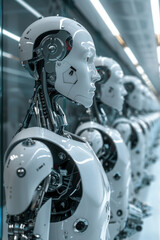 Fototapeta premium Assembly of the Future, AI android robots on a production line 
