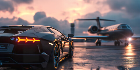 car and private jet on landing strip