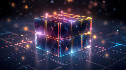 Blockchain cube with lines symbolizing the simplicity and security of distributed trust networks - obrazy, fototapety, plakaty
