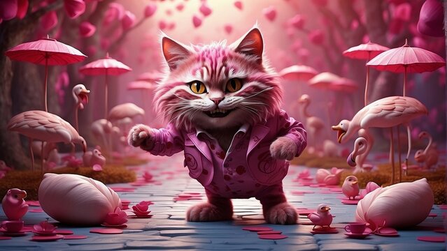 Cheshire cat dancing with flamingos