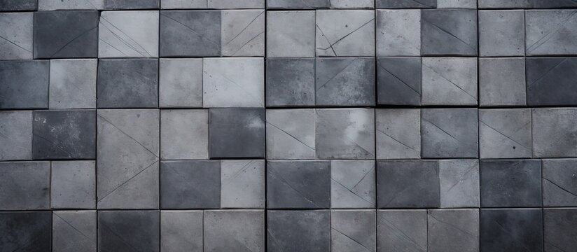 A black and white image showcasing a tiled wall, with grey concrete tiles perfectly arranged in a geometric pattern. The contrast between the dark and light tiles creates a visually striking design.