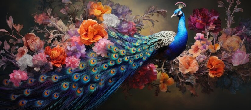 A painting showcasing a proud peacock surrounded by a variety of colorful flowers, creating a visually striking and lively scene.