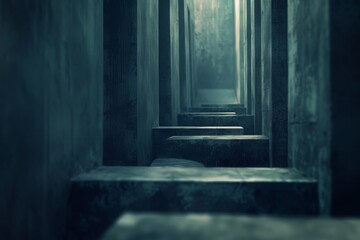 Mysterious dark corridor with steps leading to an unknown destination, perfect for evocative and moody thriller scenes.

