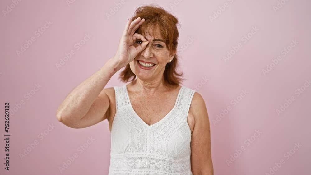 Wall mural Cheerful middle age woman doing a playful 'ok' hand gesture, looking through her fingers like binoculars, her smiling face radiating happiness over isolated pink background