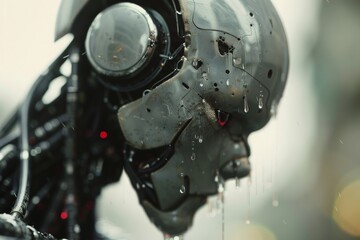 Close-up of a futuristic robot head with water droplets, exploring themes of AI and emotion.

