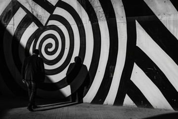A monochrome photo of two people against a striking spiral wall painting, suggesting a hypnotic or mysterious narrative.

