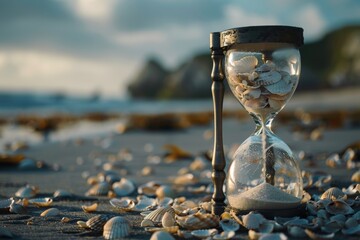 Close-up of an hourglass on a seashell-covered shore with the ocean in the background, symbolizing the relationship between time and nature.

 - obrazy, fototapety, plakaty