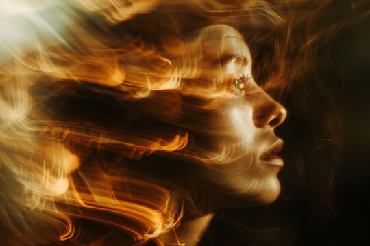 Artistic image capturing a woman's silhouette with streaks of light, symbolizing motion and emotion

