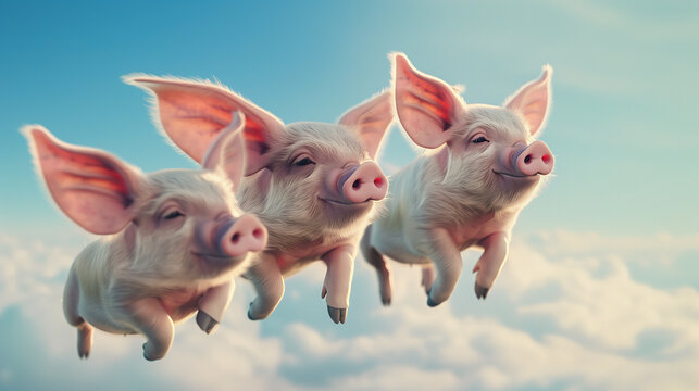 Pigs Flying in the Sky with No Wings and Big Ears. When Pigs Fly Saying.