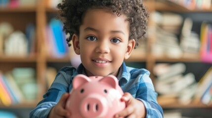 Obraz premium boy learning to save with his piggy bank generative ai