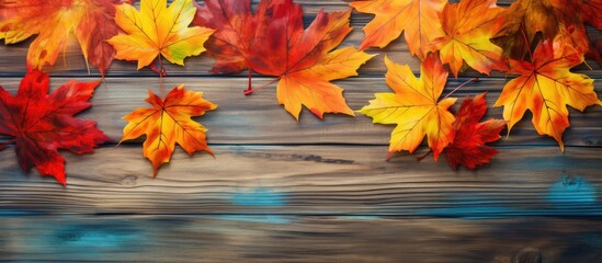 A collection of red and yellow maple leaves scattered on a wooden table. The leaves appear to be freshly fallen and vibrant in color, creating a rustic autumn display.