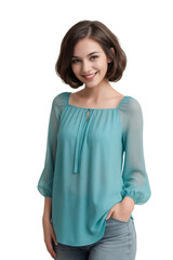 Fototapeta premium Attractive young woman with a bob hairstyle dressed turquoise blouse smiling and looking at the camera. . isolated, transparent background, no background. PNG.