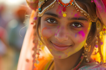 Holi festival. Smiling children adorned with colorful Holi powder on their faces during the vibrant celebration of the Holi festival.