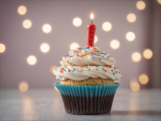 Delicious birthday cupcake on table on soft light 