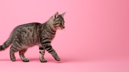 Side view of fluffy cat walking on pastel solid color background   copy space for text placement