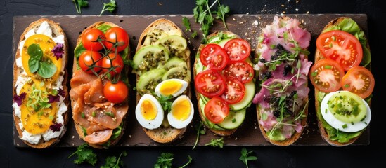 Various types of food items, including prepared open sandwiches with healthy toppings, are neatly arranged on a table in a flat layout.