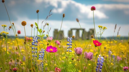 Wild flowers in famous Stonehenge ancient mystery site in England UK.