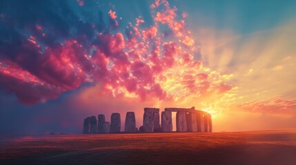 Colorful sunrise at famous Stonehenge ancient mystery site in England UK. - 752630339