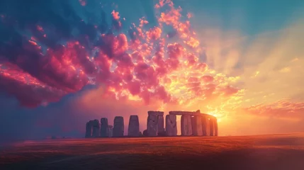 Poster Colorful sunrise at famous Stonehenge ancient mystery site in England UK. © rabbit75_fot