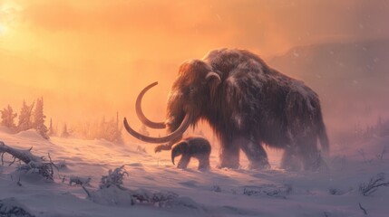 Mammoth walking in snow field with its cub in freezing winter at sunrise.