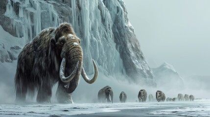 A group of mammoth walking in snow field in freezing winter.