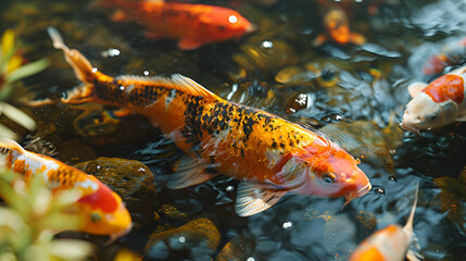 Obraz na płótnie Canvas fish in aquarium, Fancy carp or koi fish are red,orange, white, black. view of carp - bekko. decorative bright fish floats in a pond. close-up. 