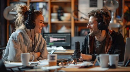 Podcaster young women and men make conversation in podcast room with microphone and headset