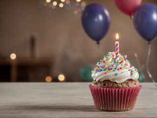 Delicious birthday cupcake on table on soft light 