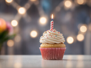 Delicious birthday cupcake on table on soft light 