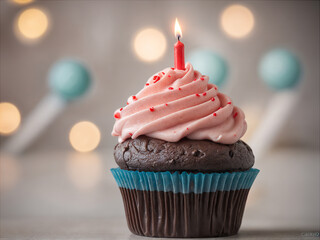 Delicious birthday cupcake on table on soft light 