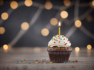 Delicious birthday cupcake on table on soft light 