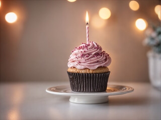 Delicious birthday cupcake on table on soft light 