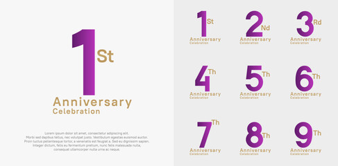 anniversary vector design set with purple and gold color for special moment celebration