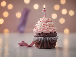 Delicious birthday cupcake on table on soft light 
