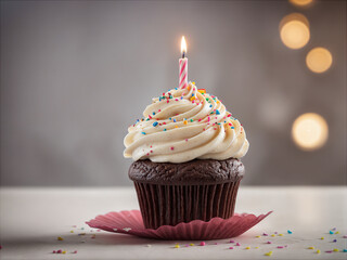 Delicious birthday cupcake on table on soft light 