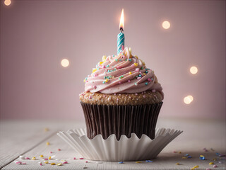 Delicious birthday cupcake on table on soft light 