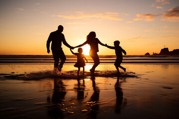 Silhouette of Family Enjoying Sunset Beach Stroll. Togetherness and Coastal Leisure Concept - obrazy, fototapety, plakaty