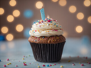 Delicious birthday cupcake on table on soft light 