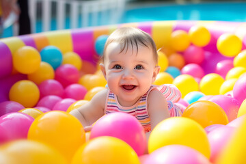 Fototapeta na wymiar Joyful Baby Girl Playing in a Colorful Ball Pit - Joyful Childhood and Playtime Concept