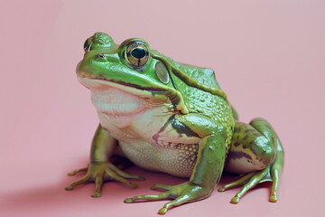 Fototapeta premium Green frog on the pink background