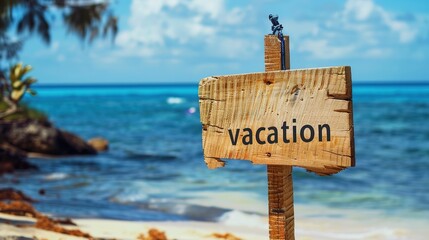
A wooden sign stands with text that says "vacation" in the middle of the tropical beach with ocean. Summer holiday concept