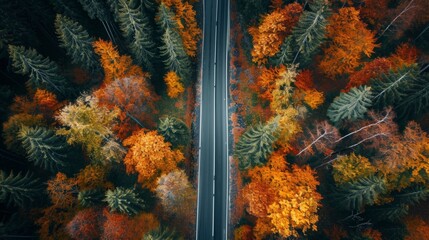 Fototapeta na wymiar straight road through an autumnal forest generative ai