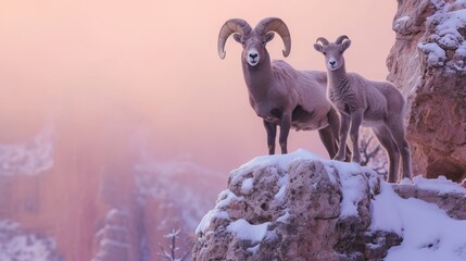 Bighorn ram sheep goat with cub on cliff in Grand Canyon in winter with snow