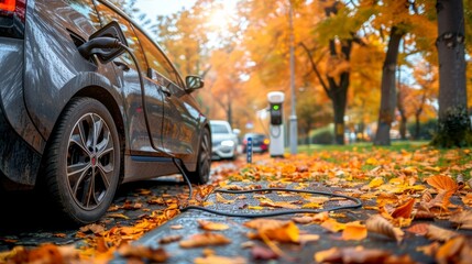 Ev charger plug in car port, recharging battery, modern ev car and clean energy technology.