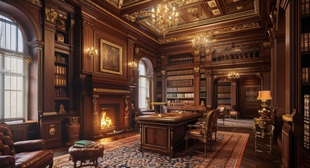 Manor Library: Luxurious Traditional Interior with Mahogany Furniture and Ornate Fireplace