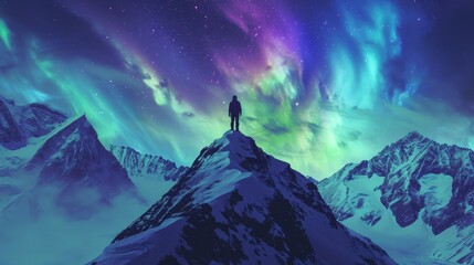 A hiker standing on tip of mountain top with majestic view of snow mountain and beautiful aurora northern lights in night sky in winter. - obrazy, fototapety, plakaty
