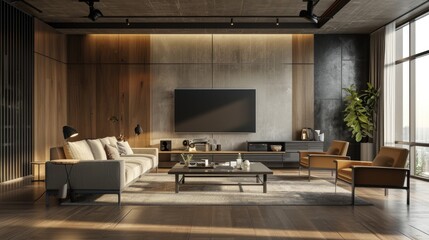 Fototapeta na wymiar Modern Interior Living Room with Large TV Screen as a Focal Point