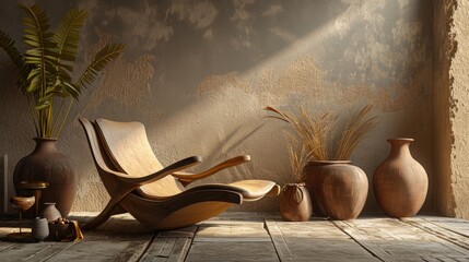 Minimalist Rustic Living Room Interior with Wavy Wood Chair and Clay Vases